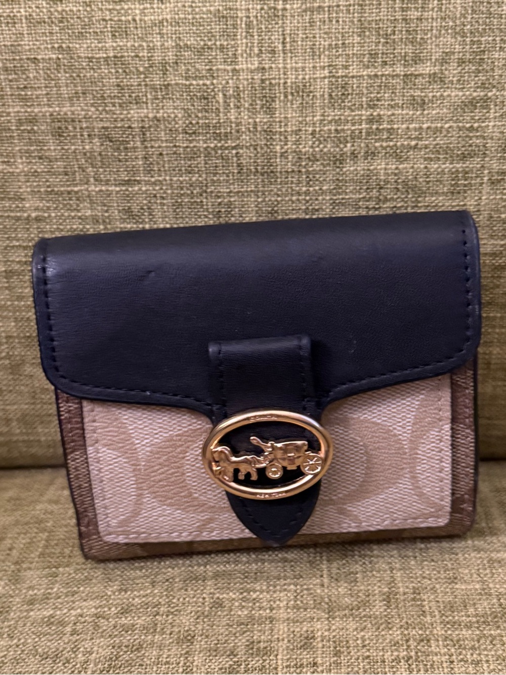 Leather and Signature Canvas Small Wallet in Black and Beige